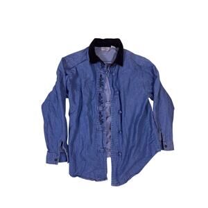 Vintage Denim Shirt Embroidered Corduroy Collar Womens Medium Cotton